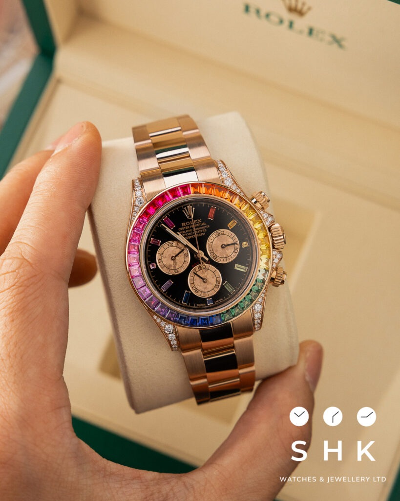 Rolex Daytona 116595RBOW ‘Rainbow’ Rose Gold Black Dial Sapphire Bezel