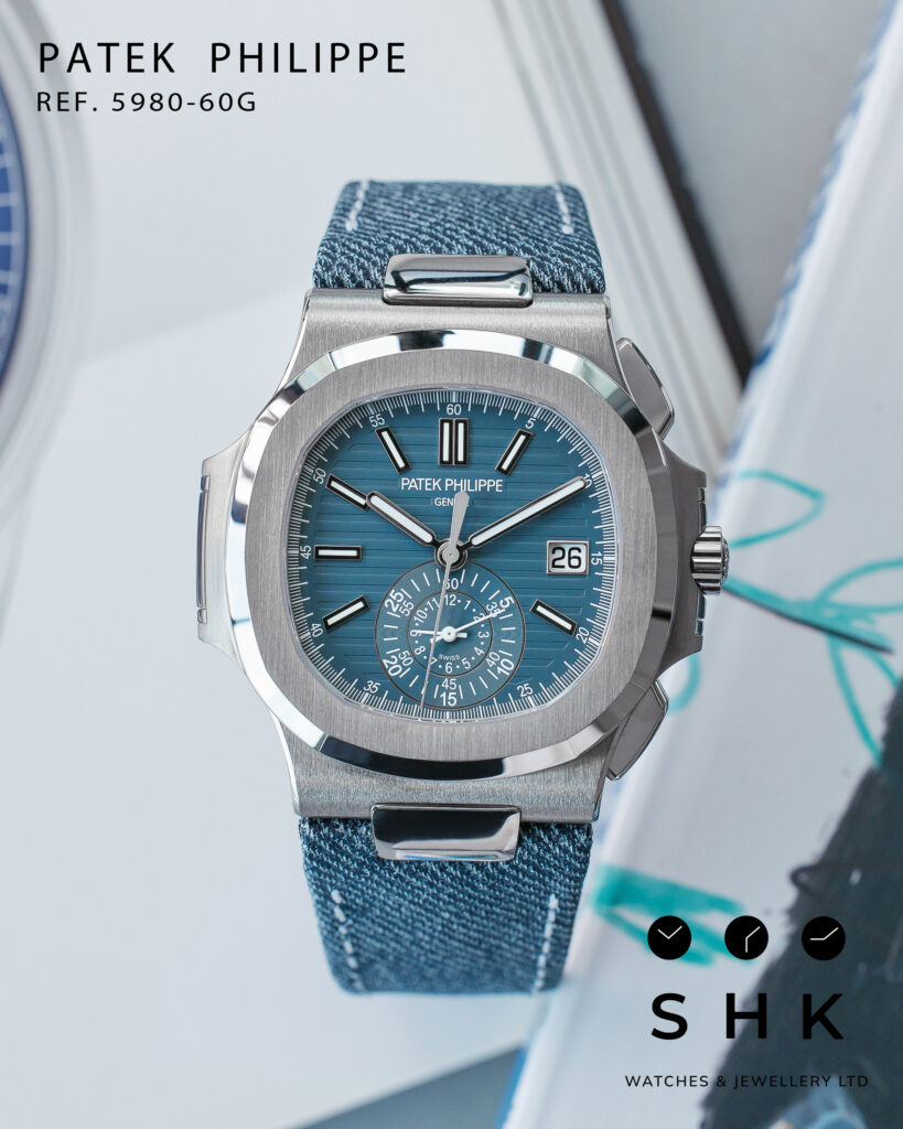 Patek Philippe Nautilus 5980/60G-001 ‘Denim’ Flyback Chronograph White Gold Blue-Gray Dial