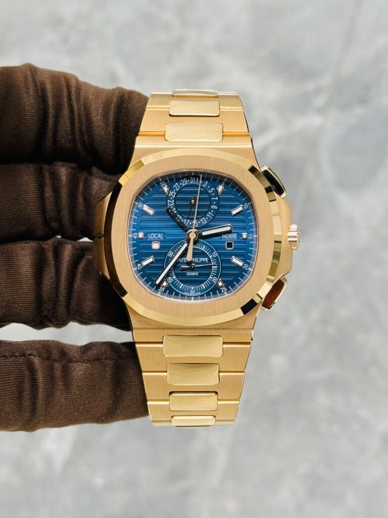 Patek Philippe Nautilus 5990/1R-001 Travel Time Flyback Chronograph Rose Gold Blue Dial