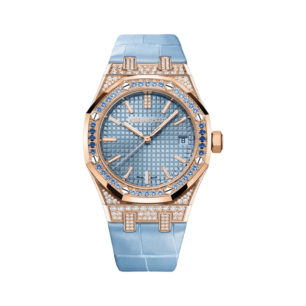 Audemars Piguet Royal Oak 15551OR Diamond and Sapphire Bezel Sapphire and Rose Gold Case Blue Dial