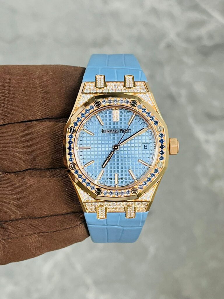 Audemars Piguet Royal Oak 15551OR Diamond and Sapphire Bezel Sapphire and Rose Gold Case Blue Dial