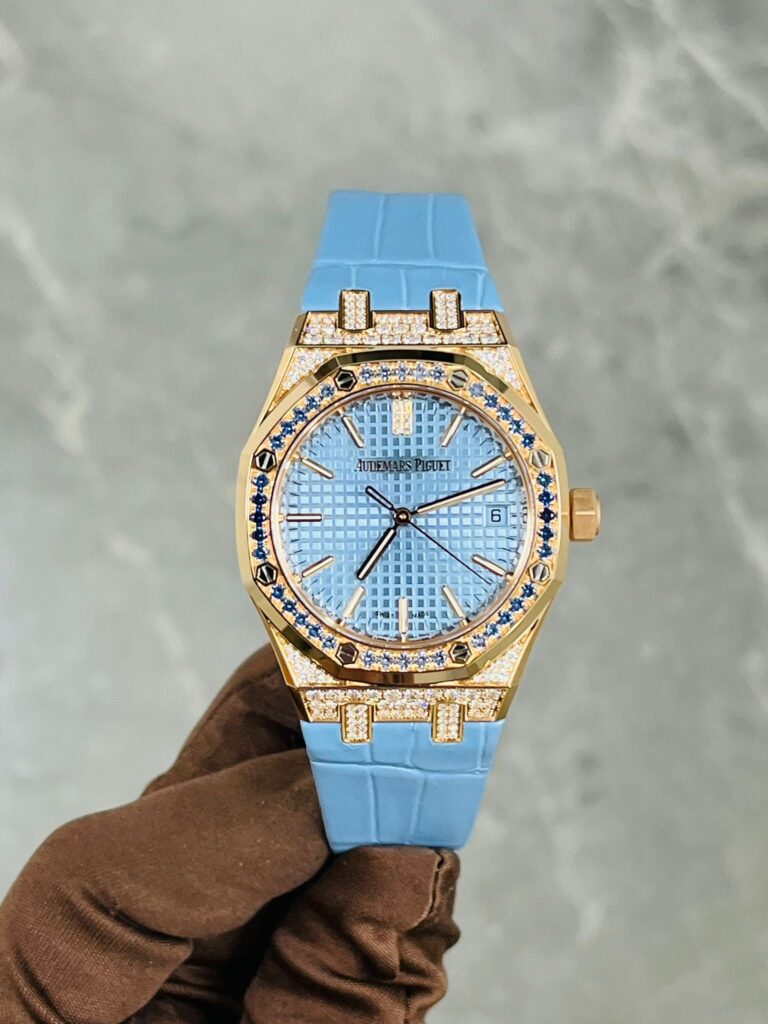 Audemars Piguet Royal Oak 15551OR Diamond and Sapphire Bezel Sapphire and Rose Gold Case Blue Dial