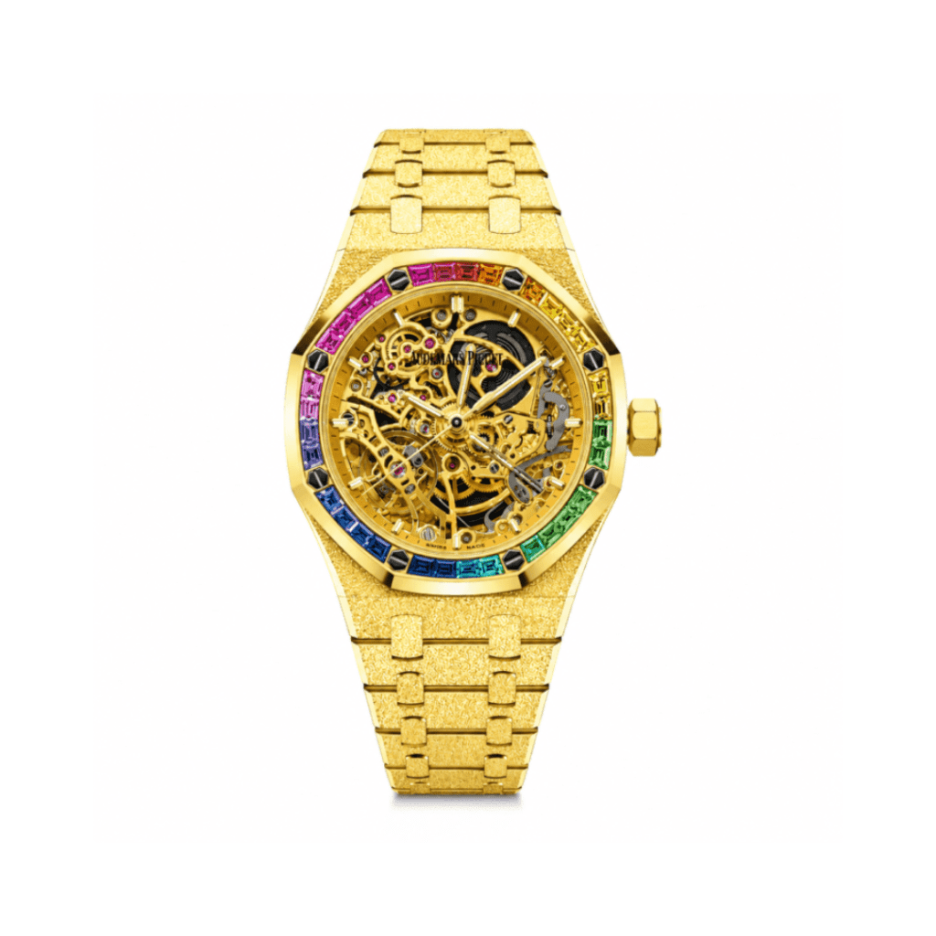 Audemars Piguet Royal Oak Frosted Gold Double Balance Wheel Openworked 37mm Rainbow Set Bezel 15468BA