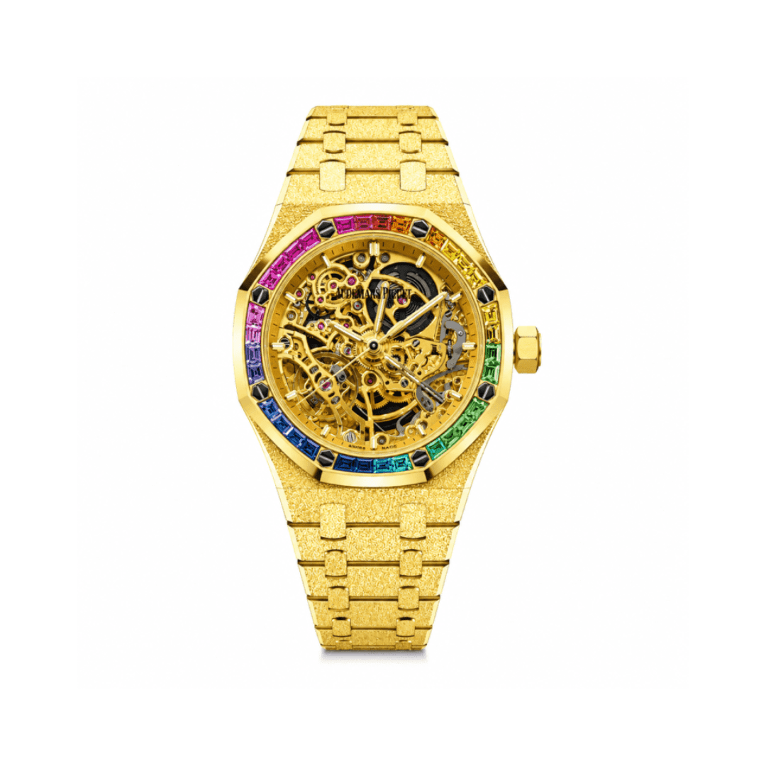 Audemars Piguet Royal Oak Frosted Gold Double Balance Wheel Openworked 37mm Rainbow Set Bezel 15468BA