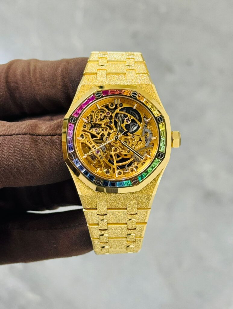 Audemars Piguet Royal Oak Frosted Gold Double Balance Wheel Openworked 37mm Rainbow Set Bezel 15468BA