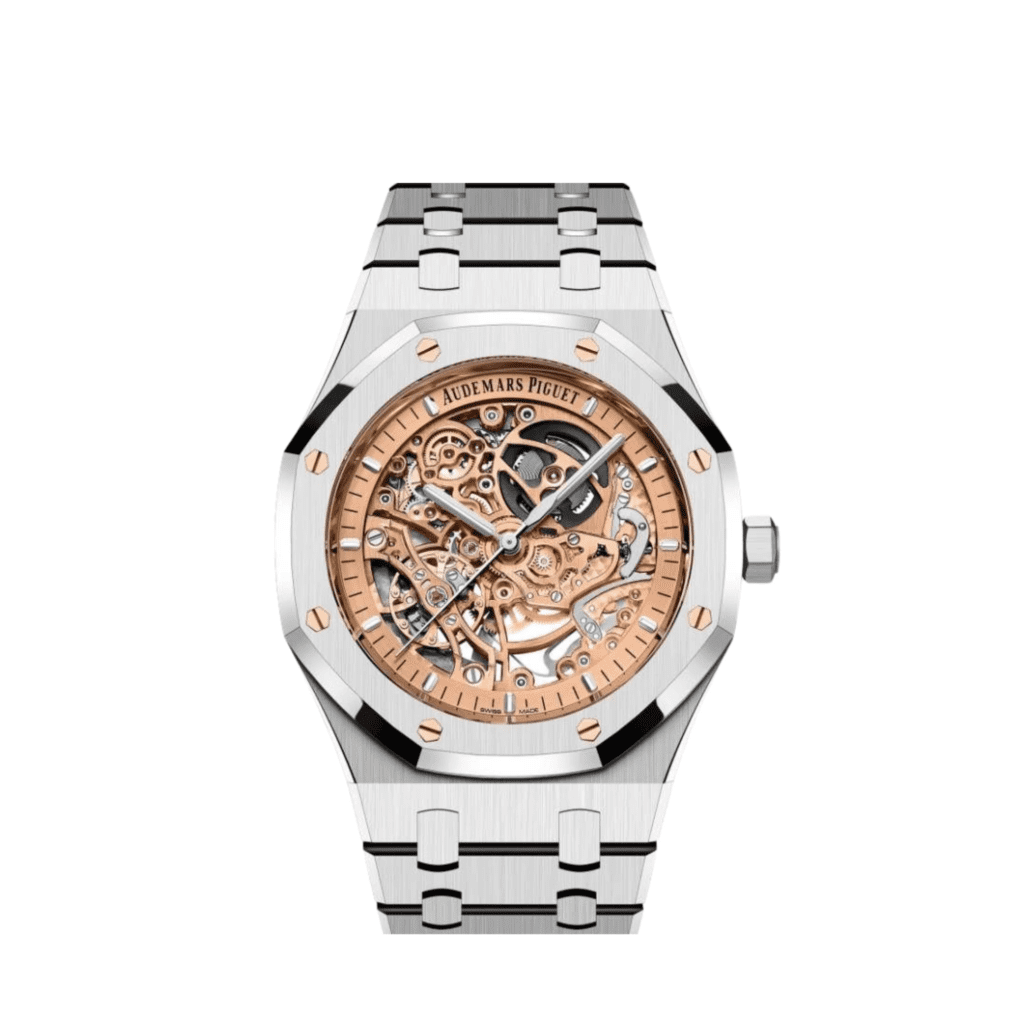 Audemars Piguet Royal Oak 15407ST Double Balance Wheel Stainless Steel Openworked Pink Gold-Toned Dial