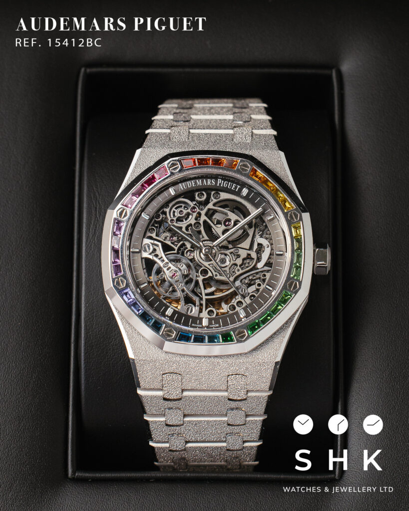 Audemars Piguet Royal Oak 15412BC Double Balance Wheel Rainbow Bezel Frosted White Gold