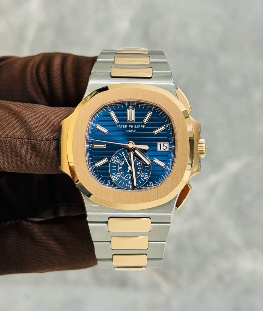 Patek Philippe Nautilus 5980/1AR-001 Chronograph Stainless Steel Rose Gold Blue Dial