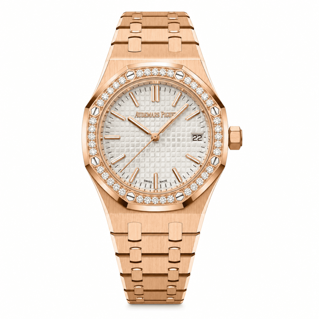 Audemars Piguet, Royal Oak, 15551OR, White Dial, Rose Gold, Diamond Bezel, 37mm