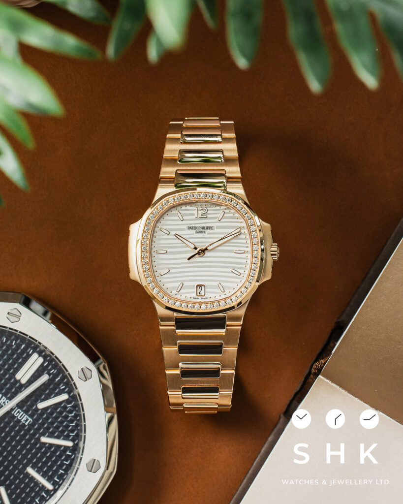 Patek Philippe Nautilus 7118/1200R-001 Ladies Automatic Rose Gold Silver Dial Diamond Bezel