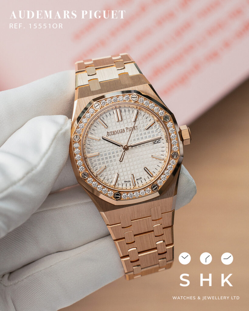 Audemars Piguet, Royal Oak, 15551OR, White Dial, Rose Gold, Diamond Bezel, 37mm