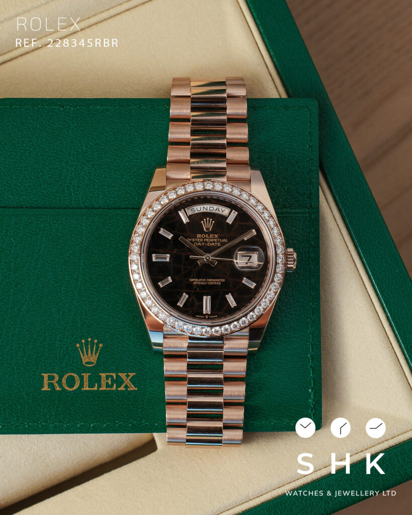 Rolex Day-Date 40 228345RBR Rose Gold Chocolate Dial Diamond Bezel