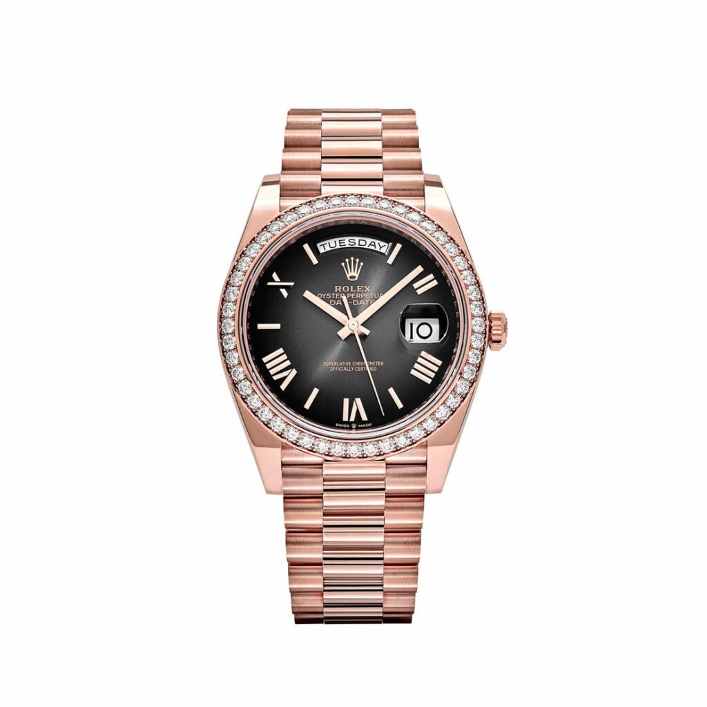 Rolex Day-Date 40 228345RBR Rose Gold Chocolate Dial Diamond Bezel