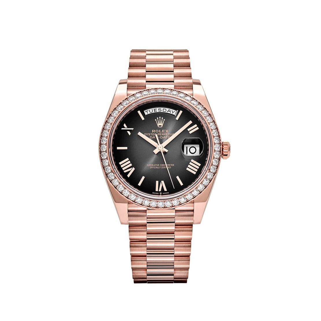 Rolex Day-Date 40 228345RBR Rose Gold Chocolate Dial Diamond Bezel