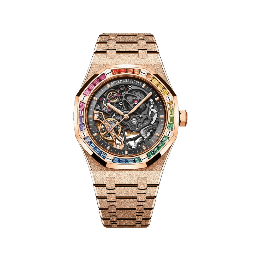 Audemars Piguet Royal Oak 15412OR Double Balance Wheel Frosted Rose Gold Openworked Dial Rainbow Bezel