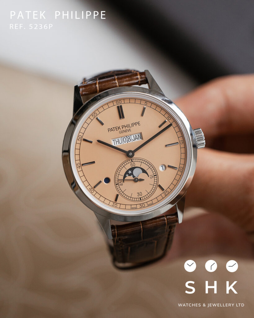 Patek Philippe Grand Complications 5236P-010 In-Line Perpetual Calendar Platinum Salmon Dial