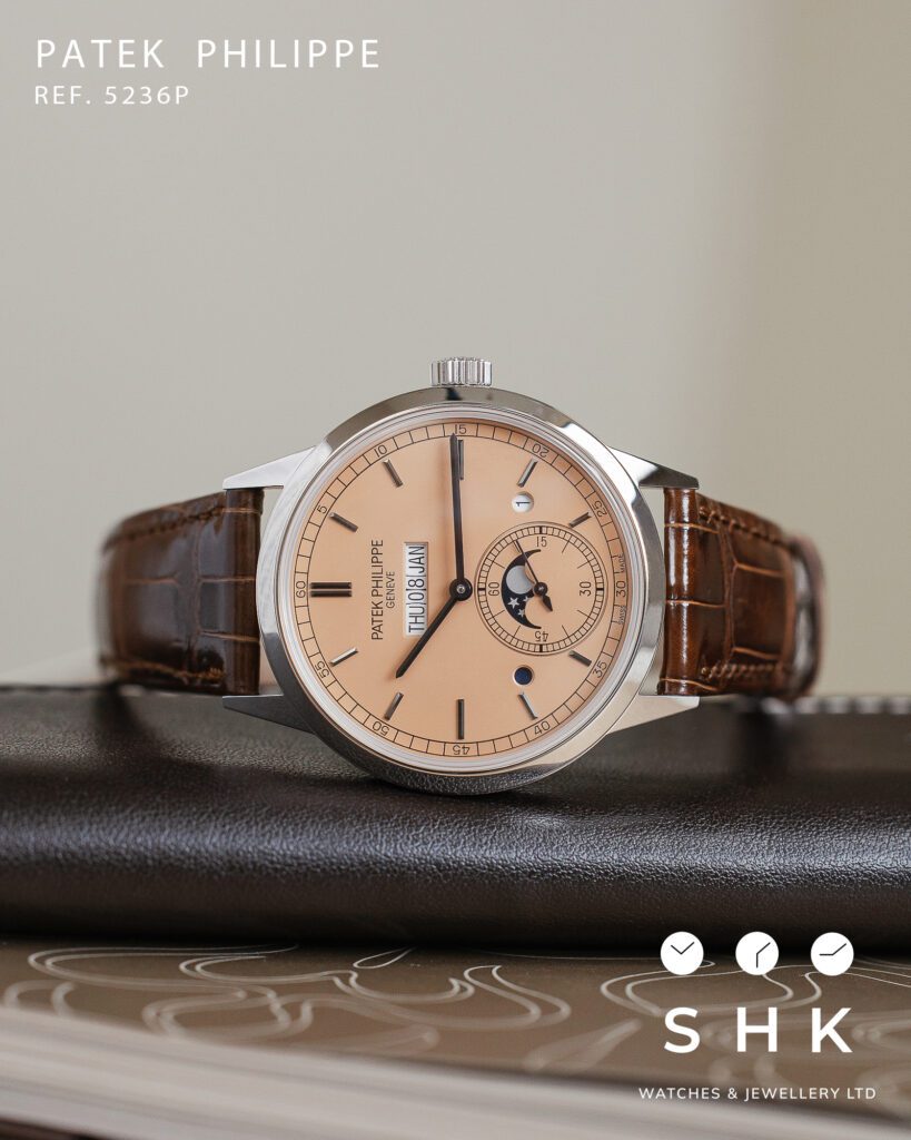Patek Philippe Grand Complications 5236P-010 In-Line Perpetual Calendar Platinum Salmon Dial