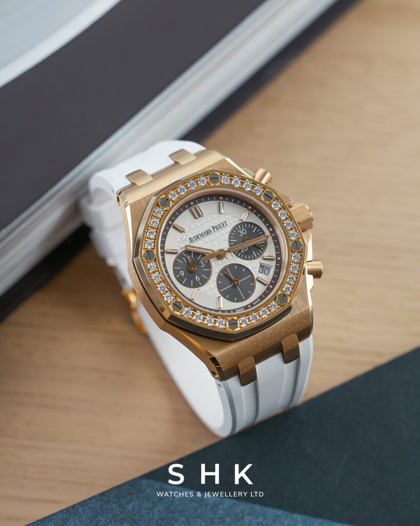 Audemars Piguet Royal Oak Offshore 26231OR.ZZ.D003CA.01 ‘Ladies’ Chronograph Rose Gold Silver Dial Diamond Bezel