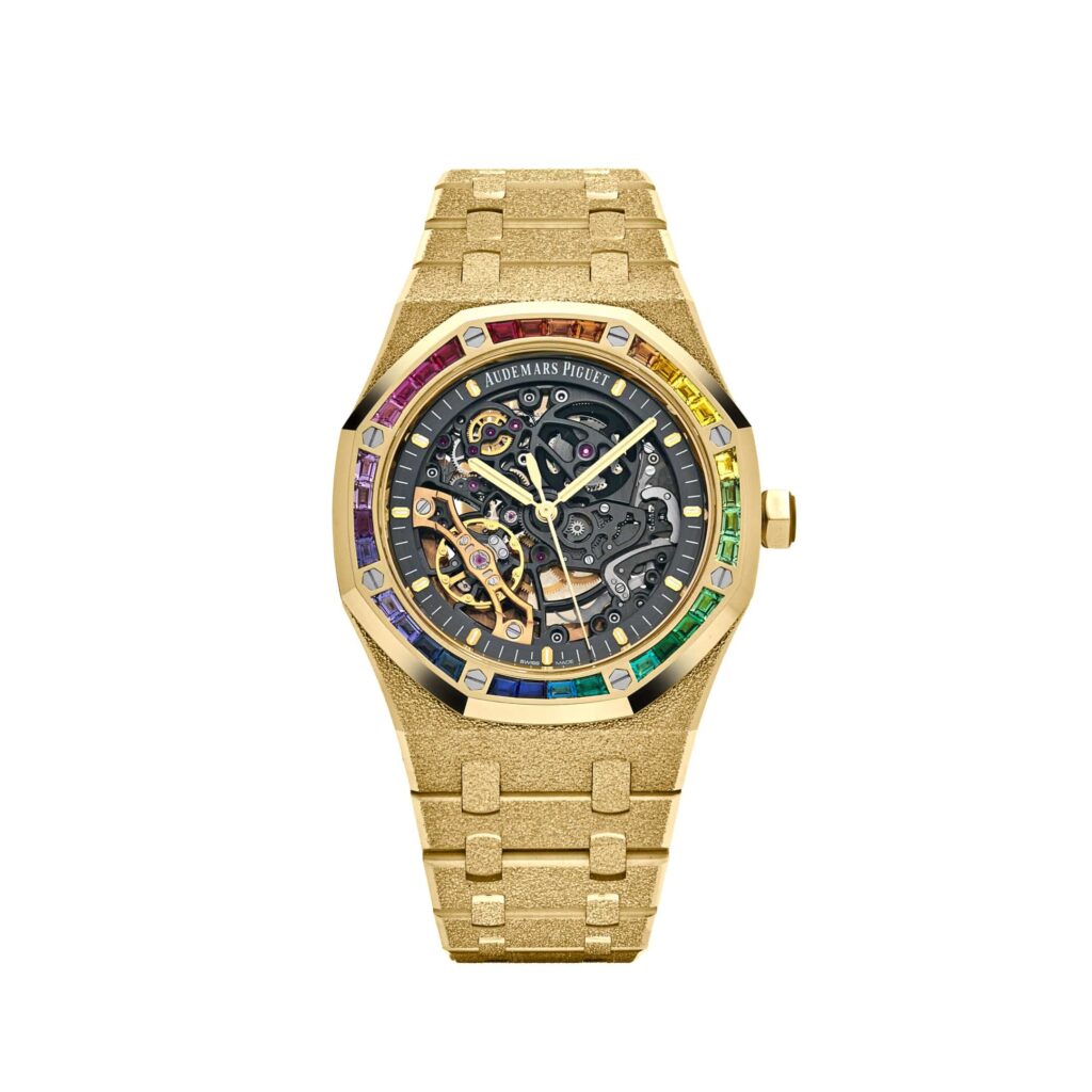 Audemars Piguet Royal Oak 15412BA Frosted Yellow Gold Double Balance Wheel Rainbow Bezel