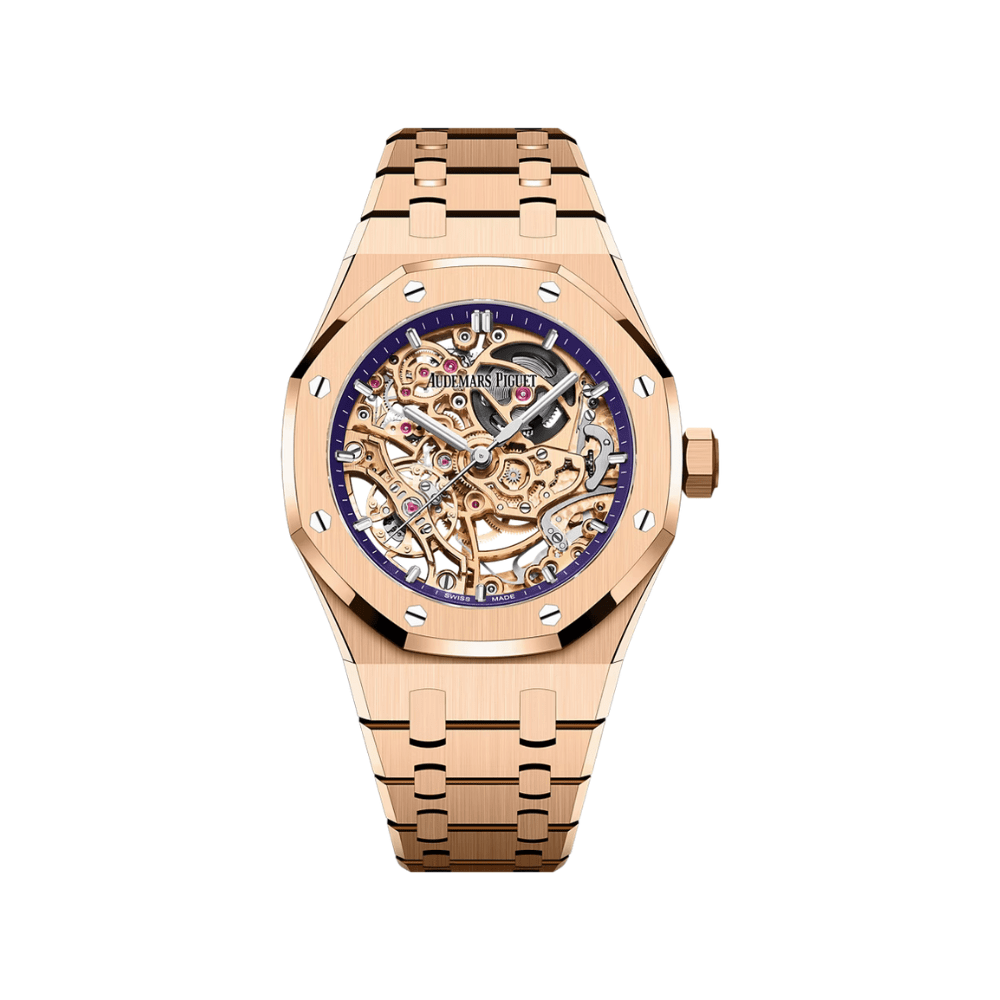 Audemars Piguet Royal Oak Openworked 15467OR Double Balance Wheel Rose Gold Purple Inner Bezel