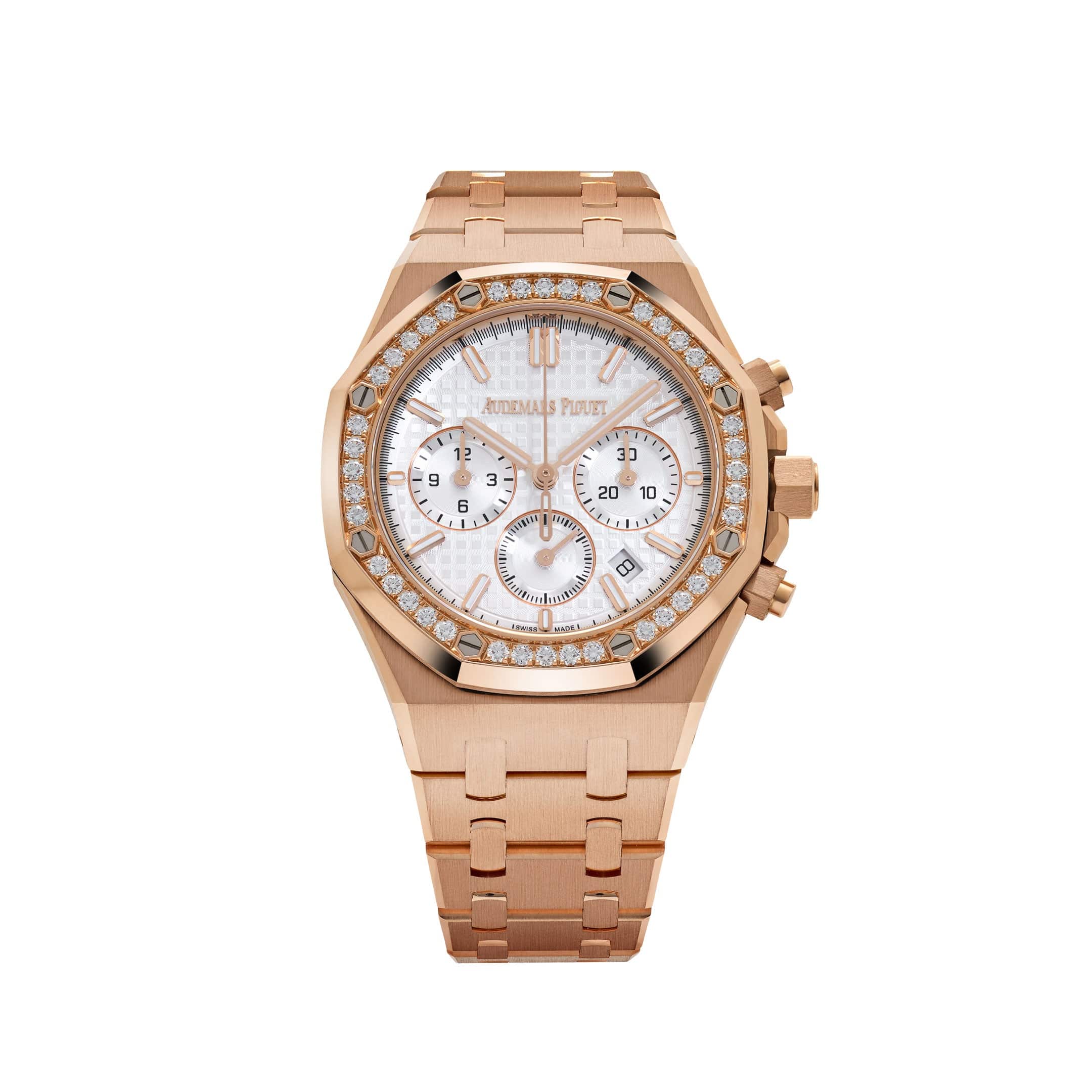 Audemars Piguet Royal Oak 26715OR Chronograph Rose Gold Silver Dial Diamond Bezel