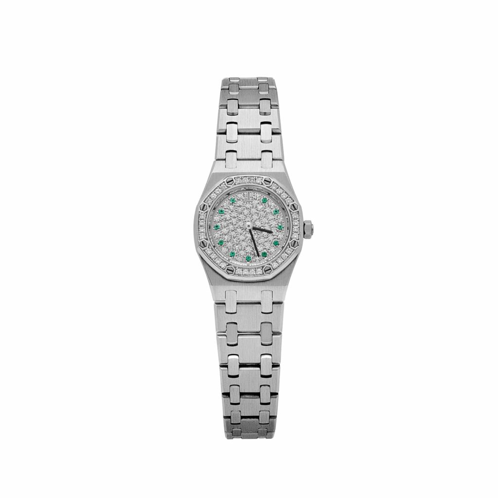 Audemars Piguet Royal Oak 67076BC ‘Ladies’ White Gold Diamond Emerald Dial Diamond Bezel Quartz