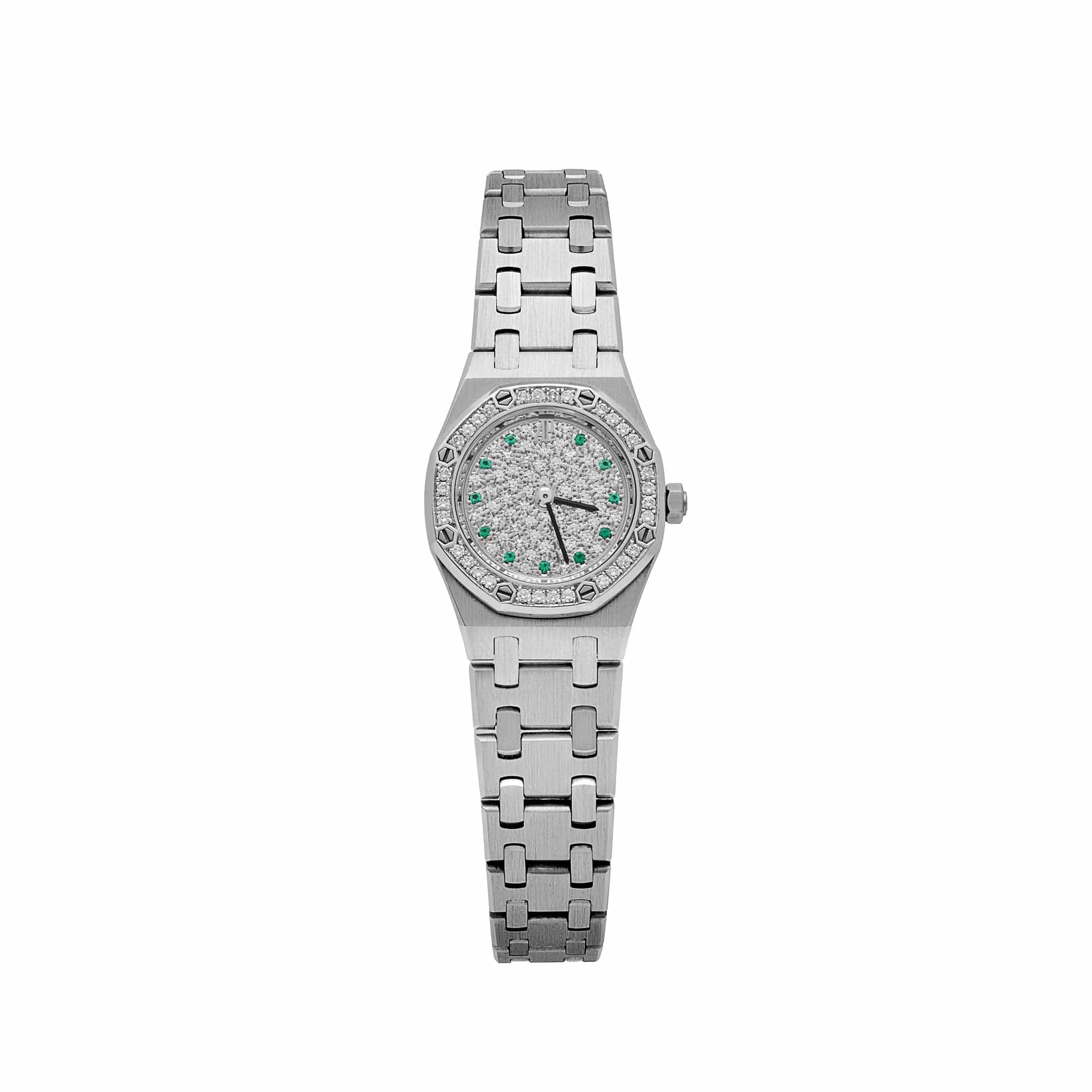 Audemars Piguet Royal Oak 67076BC 'Ladies' White Gold Diamond Emerald Dial Diamond Bezel Quartz