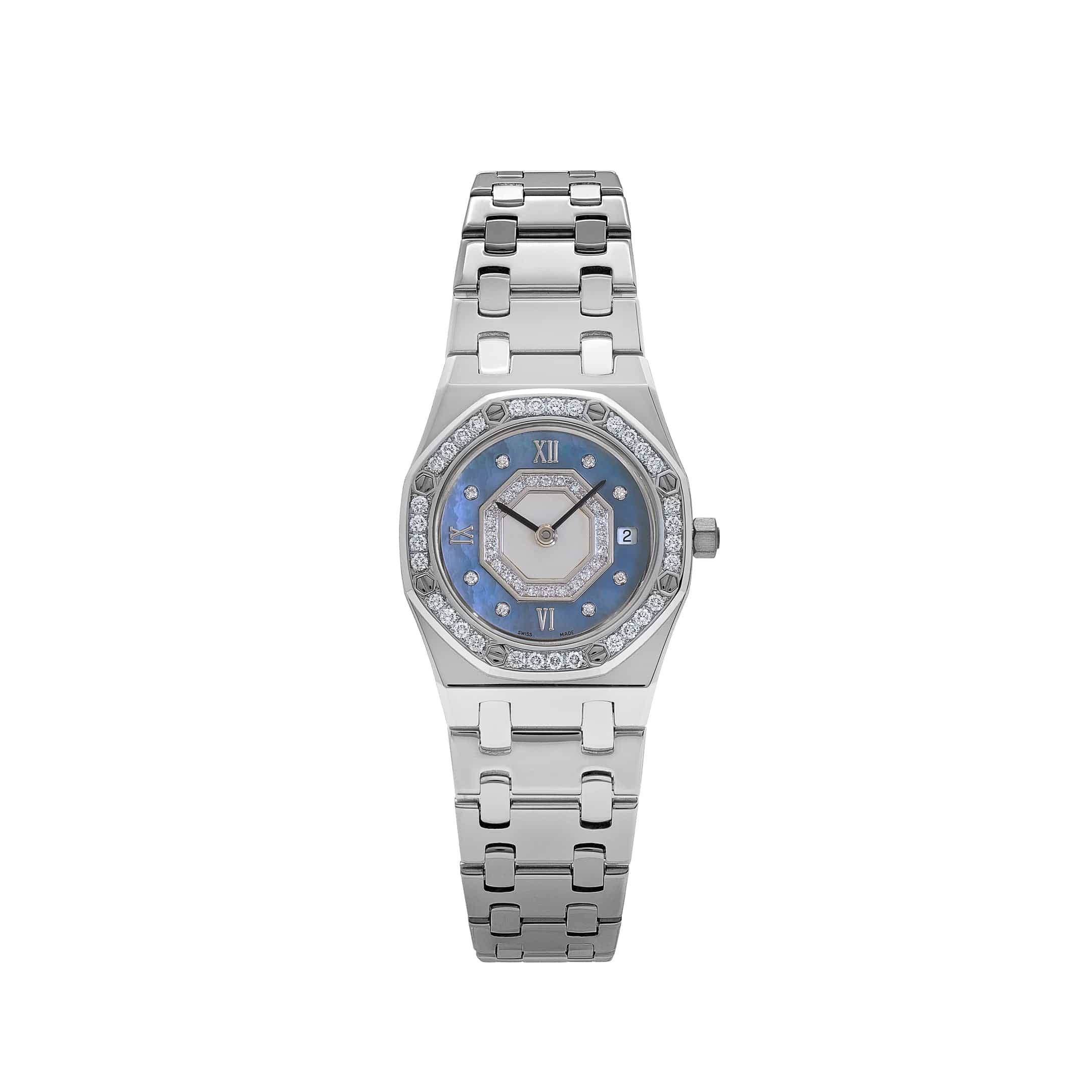 Audemars Piguet Royal Oak 67371BC/093 'Ladies' White Gold Blue Mother Of Pearl Diamond Dial Diamond Bezel Quartz