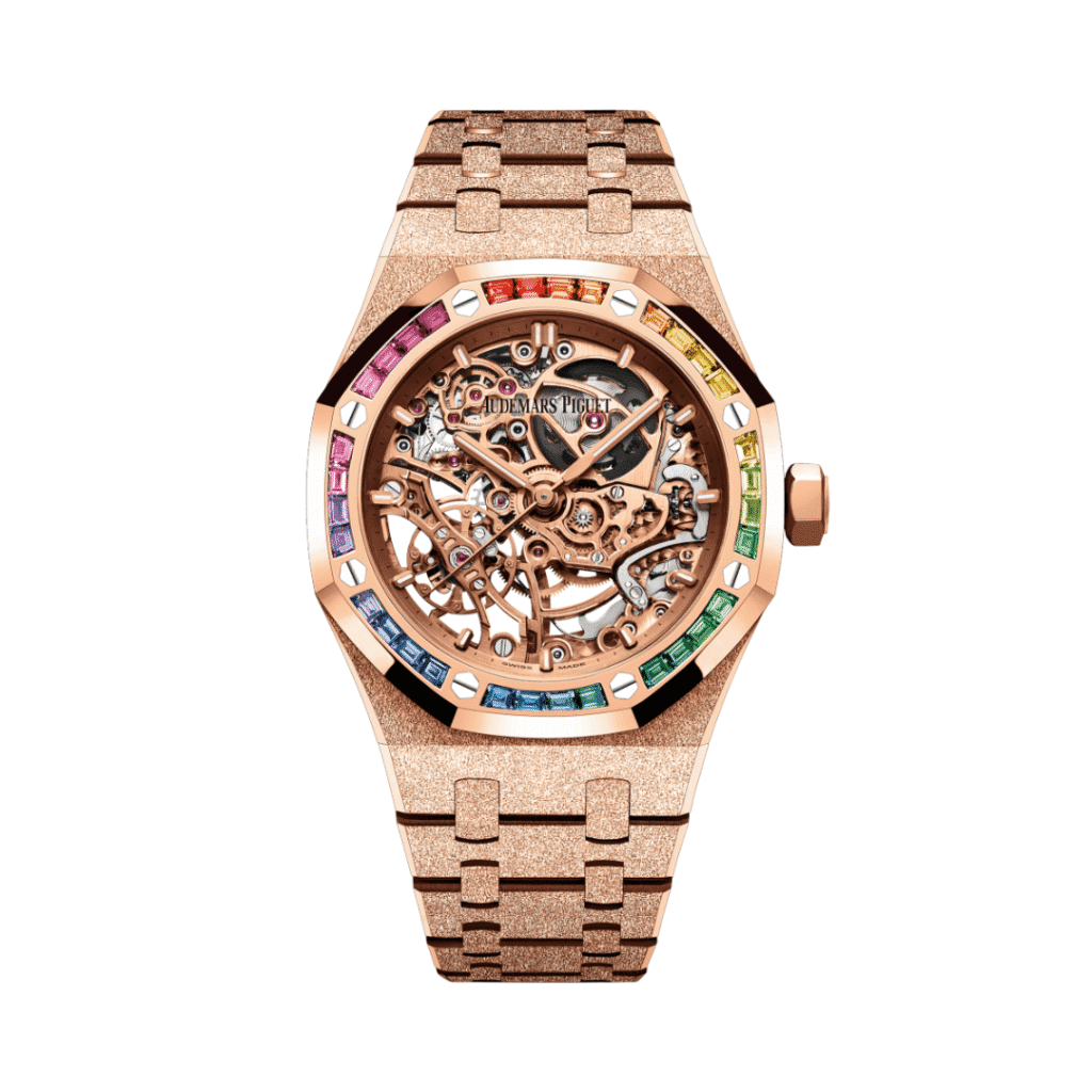 Audemars Piguet Royal Oak 15468OR Openworked Frosted Rose Gold Rainbow Bezel