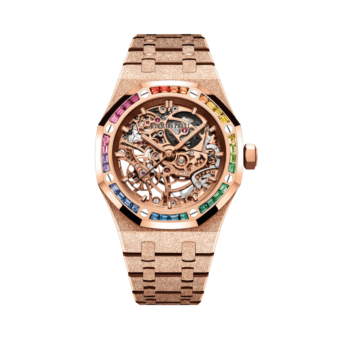Audemars Piguet Royal Oak 15468OR Openworked Frosted Rose Gold Rainbow Bezel