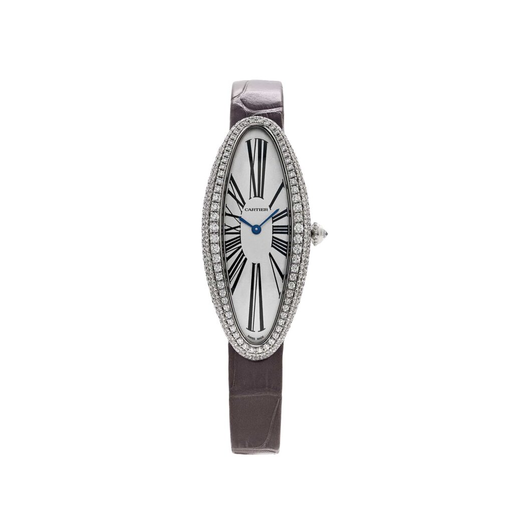Cartier Baignoire Allongée WJBA0007 White Gold Silver Dial Diamond Bezel