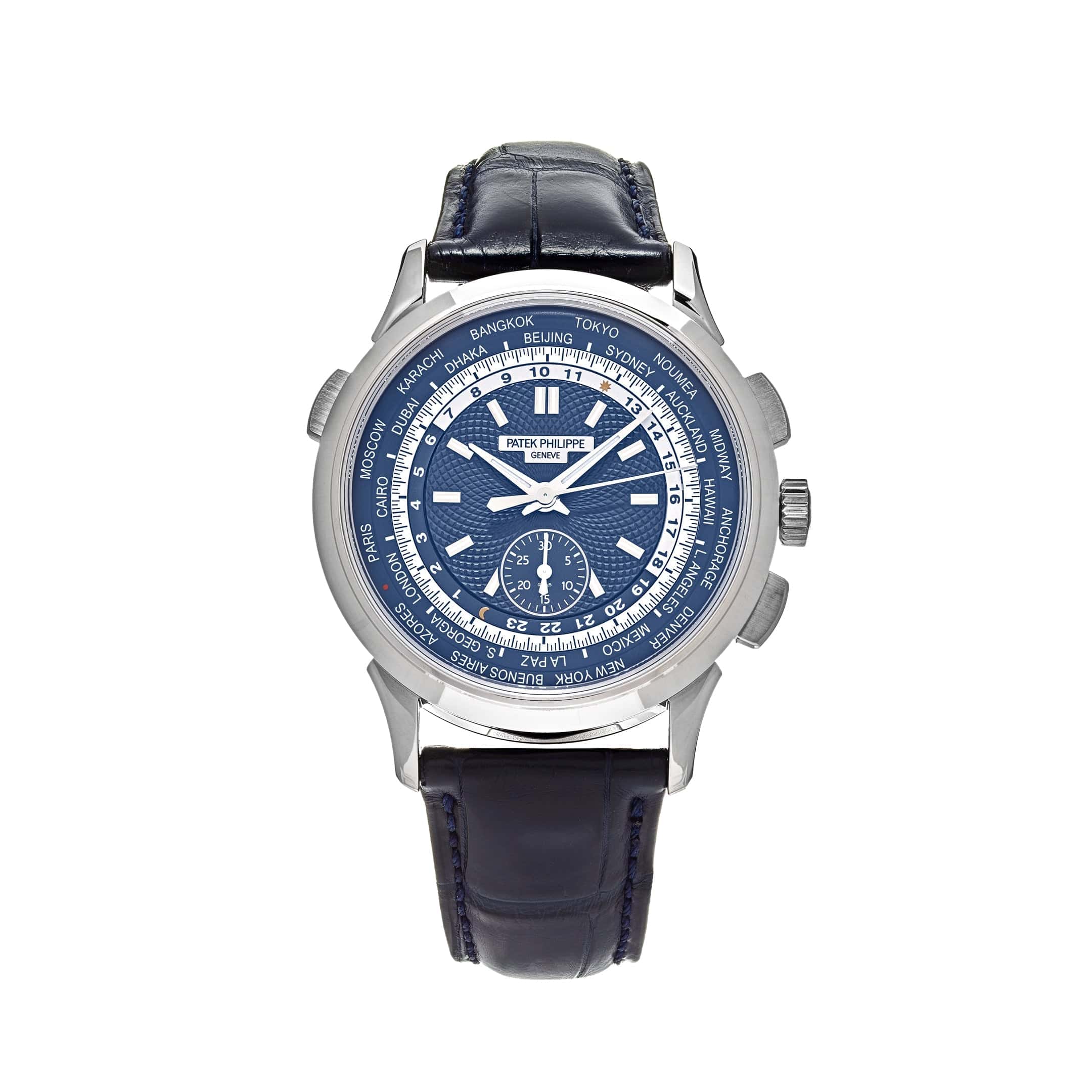 Patek Philippe Complications 5930G-010 World Time Flyback Chronograph White Gold Blue Dial