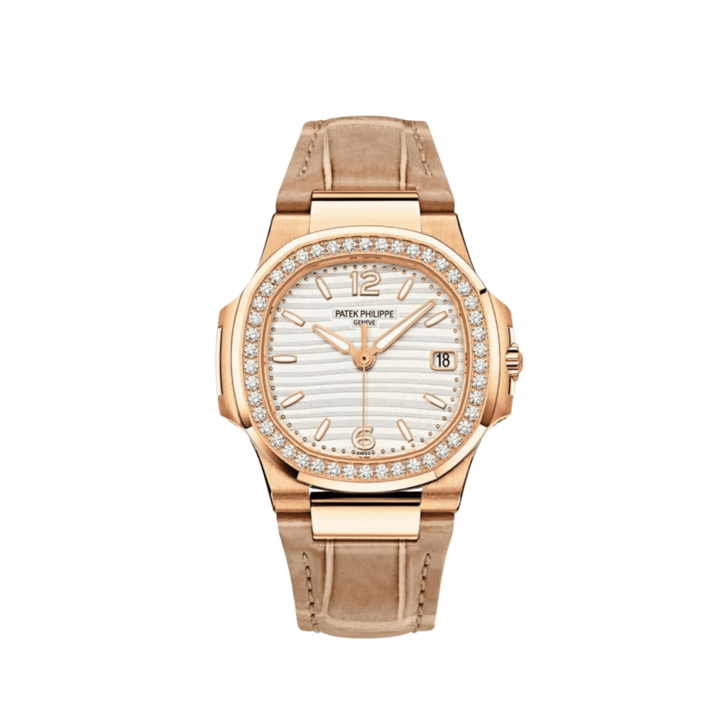 Patek Philippe Nautilus 7010R-011 ‘Ladies’ Rose Gold Silvery Opaline Dial Diamond Bezel