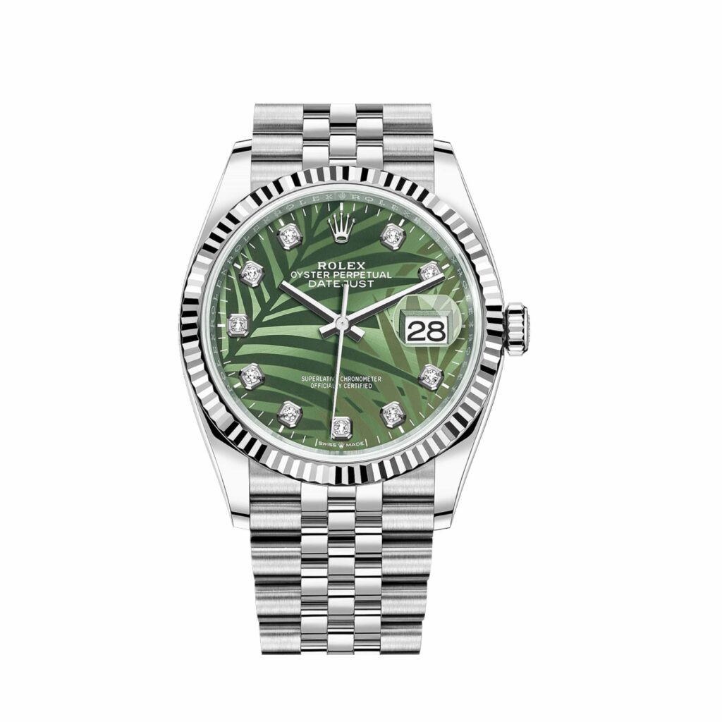 Rolex Datejust 36 126234 White Gold Stainless Steel Palm Motif Diamond Dial Jubilee