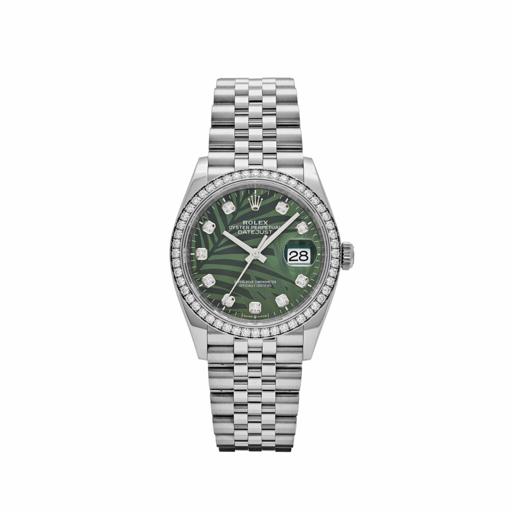Rolex Datejust 36 126284RBR Stainless Steel Green Palm Frond Diamond Dial Diamond Bezel