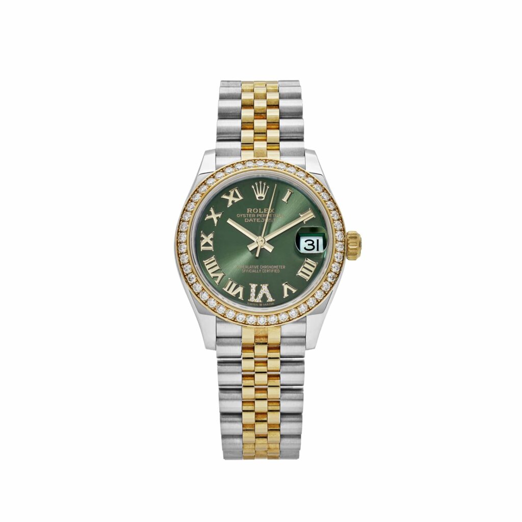 Rolex Datejust 31 278383RBR ‘Ladies’ Yellow Gold Stainless Steel Green Roman Dial Diamond Bezel