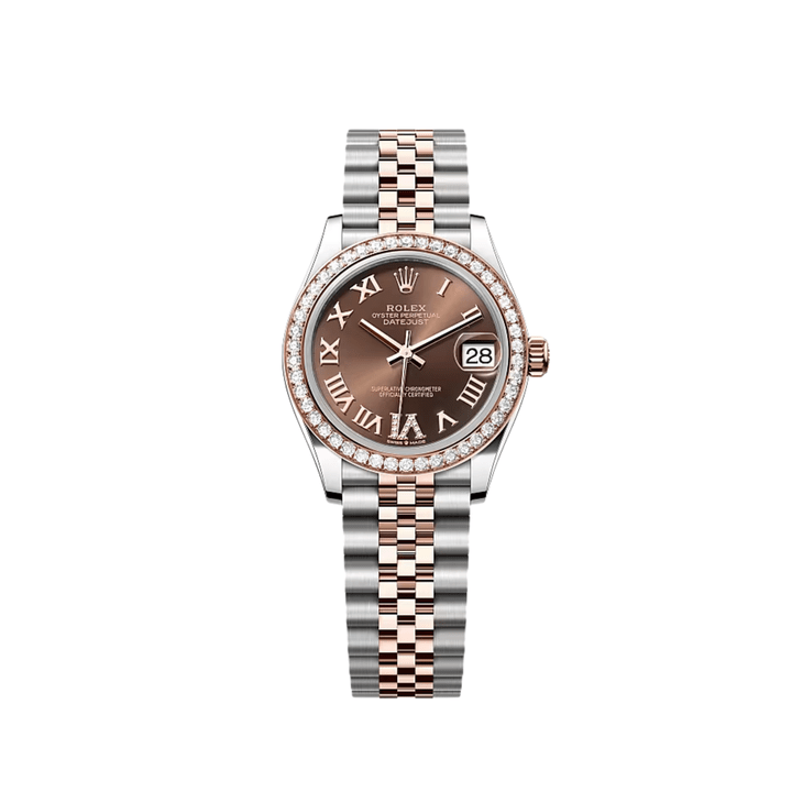 Rolex Datejust 31 278381RBR ‘Ladies’ Stainless Steel Rose Gold Brown Roman Numerals Diamond Dial Diamond Bezel Jubilee
