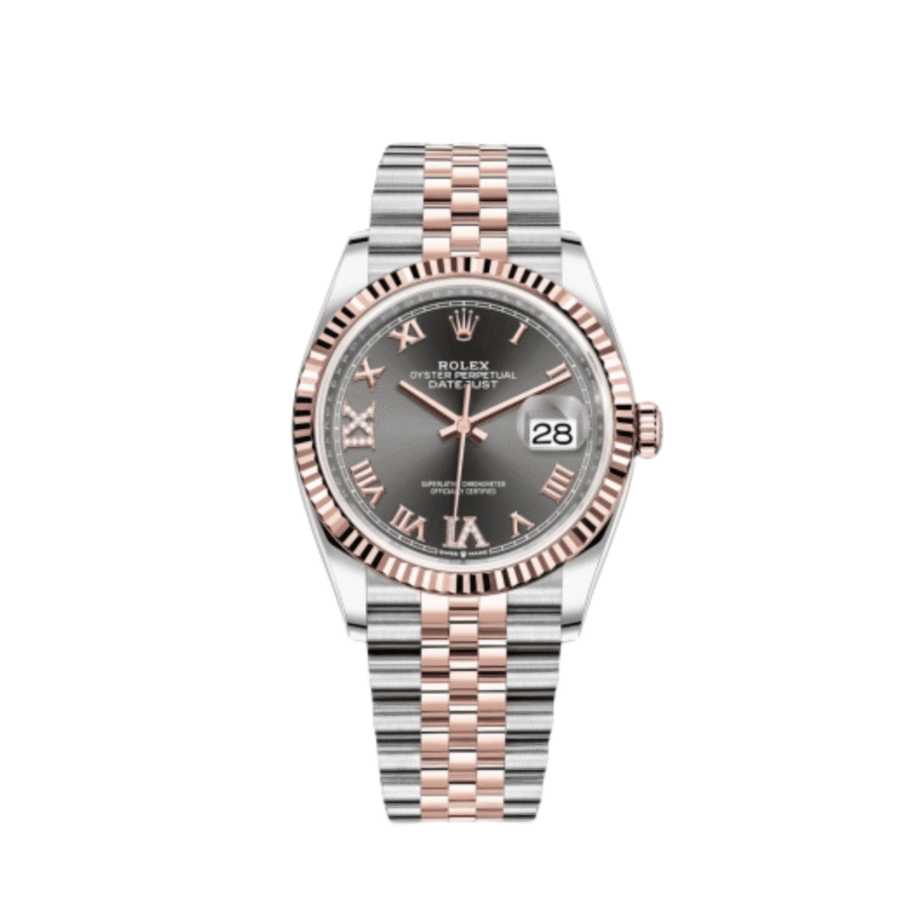 Rolex Datejust 36 126231 Rose Gold Stainless Steel Dark Rhodium Roman Numerals Diamond Dial Jubilee