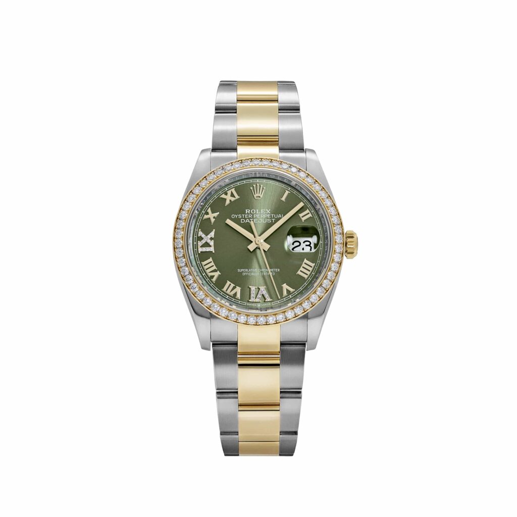 Rolex Datejust 36 126283RBR Stainless Steel Yellow Gold Olive Green Diamond Dial Diamond Bezel Oyster