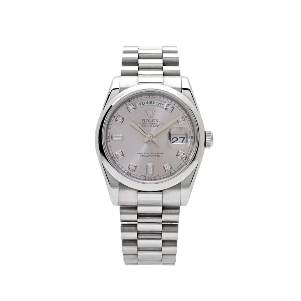 Rolex Day-Date ⁠36 118206 Platinum Silver Diamond Dial