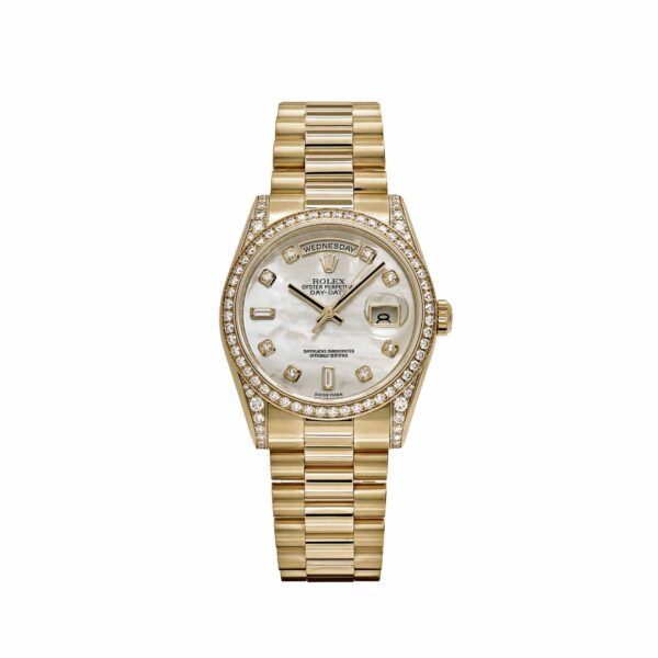 Rolex Day-Date 118388 Yellow Gold White Mother Of Pearl Dial Diamond Bezel