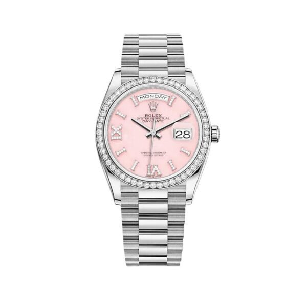 Rolex Day-Date 36 128349RBR White Gold Diamond Bezel Pink Diamond Dial