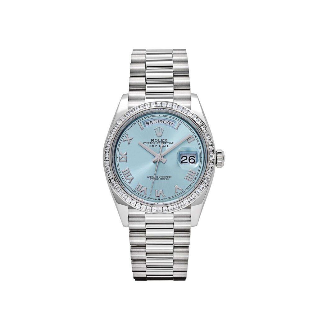Rolex Day-Date 36 128396TBR Platinum Ice Blue Dial Diamond Bezel