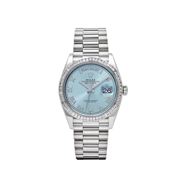 Rolex Day-Date 36 128396TBR Platinum Ice Blue Dial Diamond Bezel