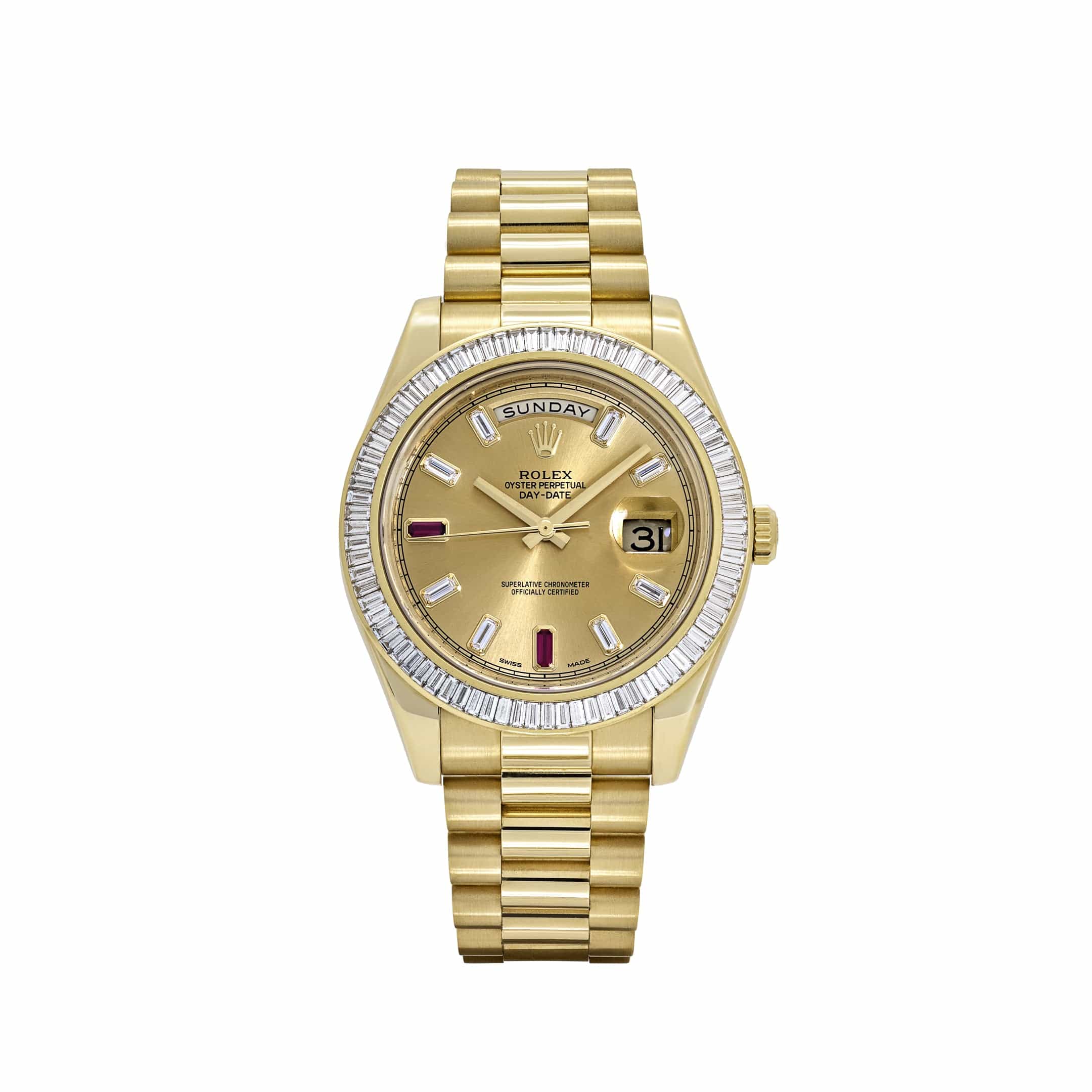 Rolex Day-Date II 218398 Yellow Gold Champagne Ruby Dial Diamond Bezel