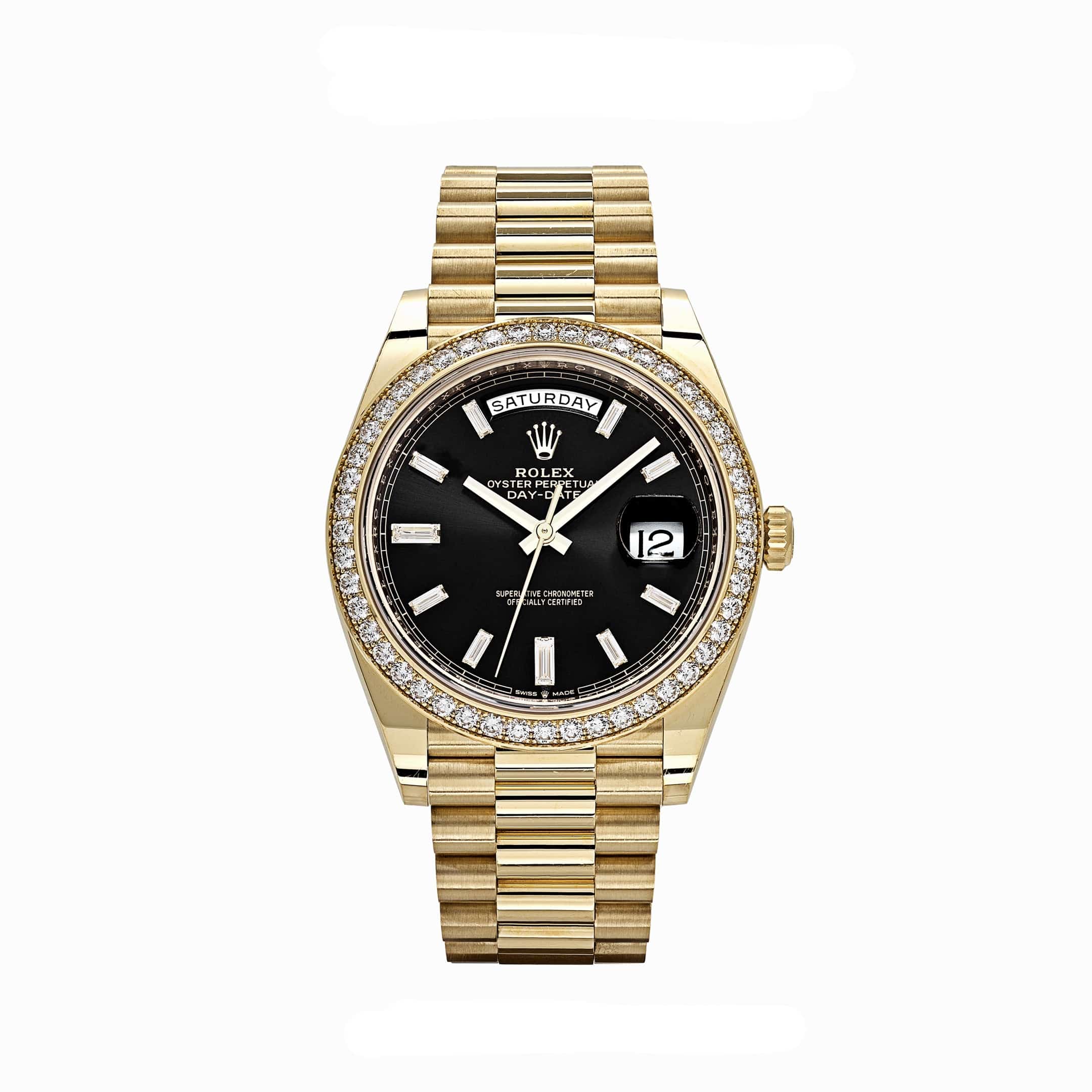 Rolex Day-Date 40 228348RBR Yellow Gold Black Diamond Dial Diamond Bezel