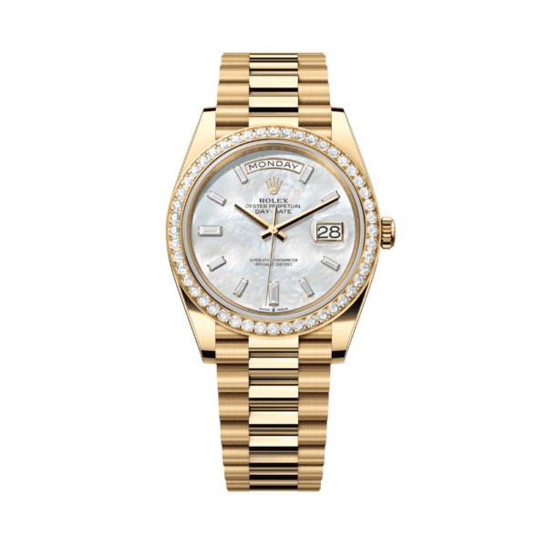 Rolex Day-Date 40 228348RBR Yellow Gold Diamond Bezel Baguette Mother Of Pearl Dial