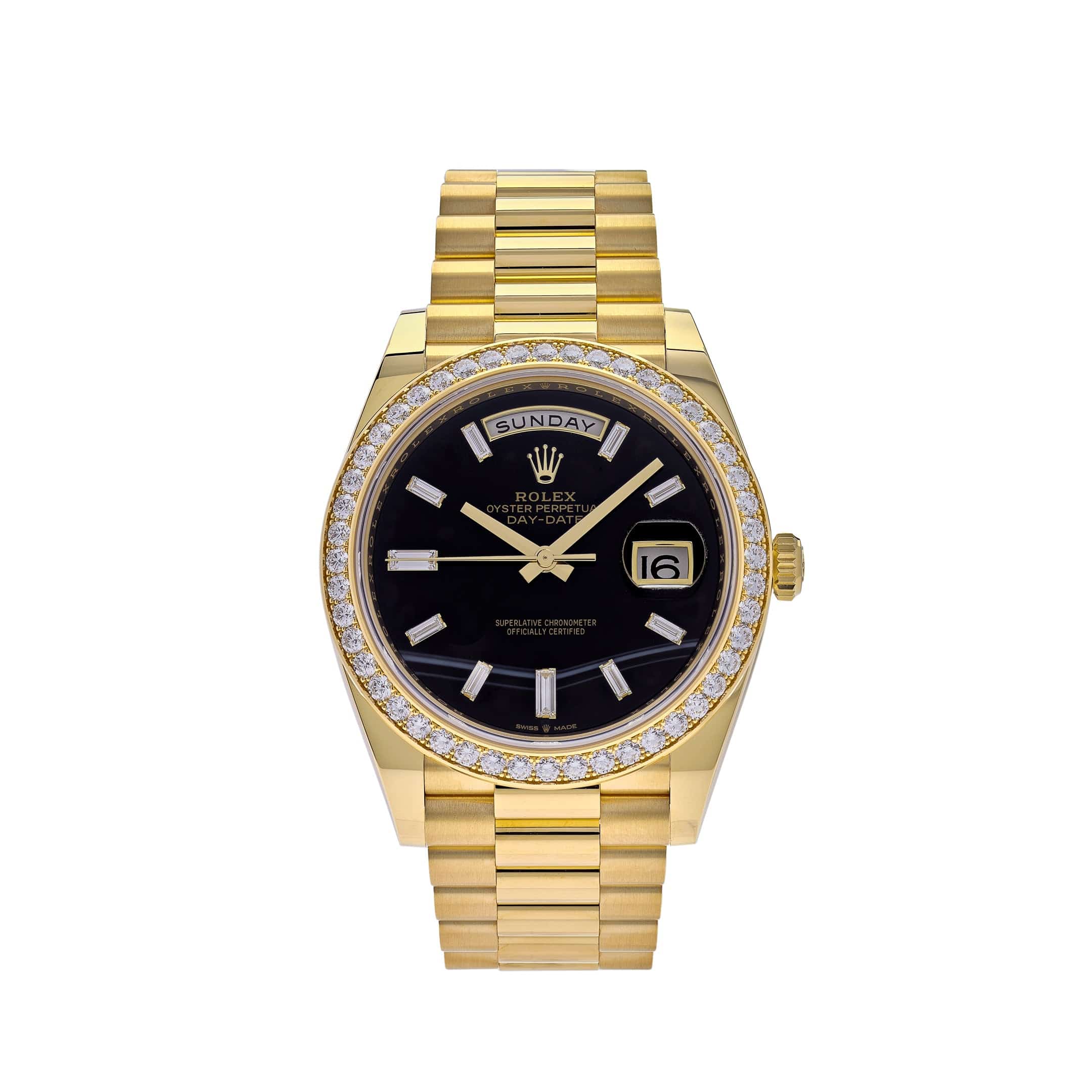 Rolex Day-Date 40 228348RBR Yellow Gold Diamond Bezel Black Onyx Dial
