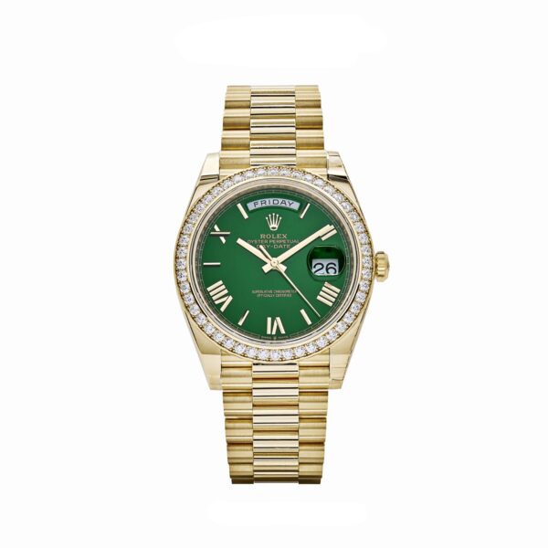Rolex Day-Date 40 228348RBR Yellow Gold Green Roman Numeral Dial Diamond Bezel