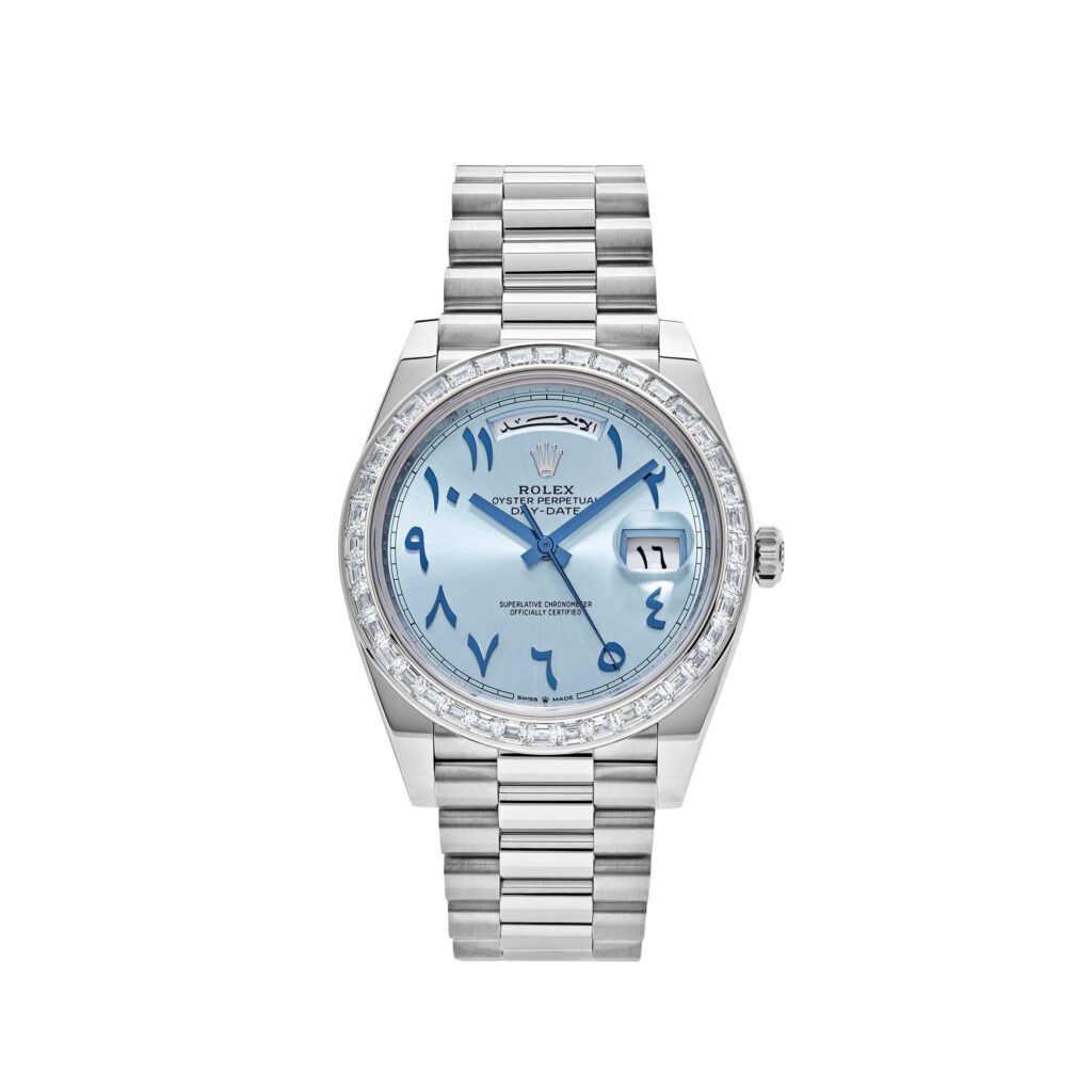 Rolex Day-Date 40 228396TBR Platinum Ice Blue Arabic Dial Diamond Bezel